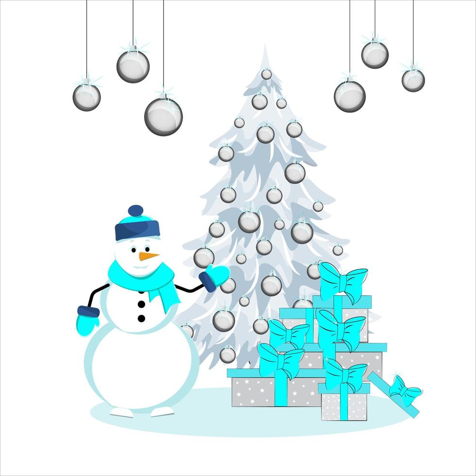 Funny snowman decorates a Christmas tree. Christmas tree and gifts. Vector illustration.