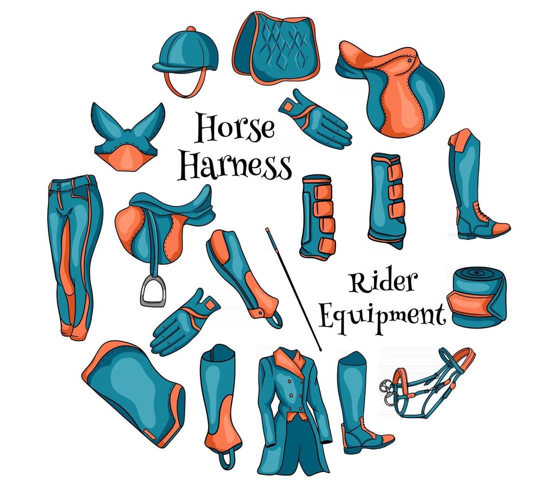 Big set of equipment for the rider and ammunition for the horse illustration in cartoon vector