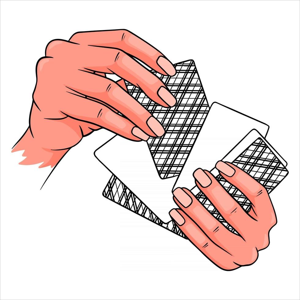 Gambling. Playing cards in hands. Casino, luck, fortuna. Six cards face down. vector