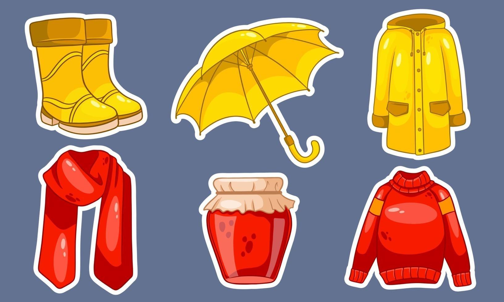 Autumn set. Stickers. Jam, scarf, raincoat, sweater, rubber boots, umbrella. vector