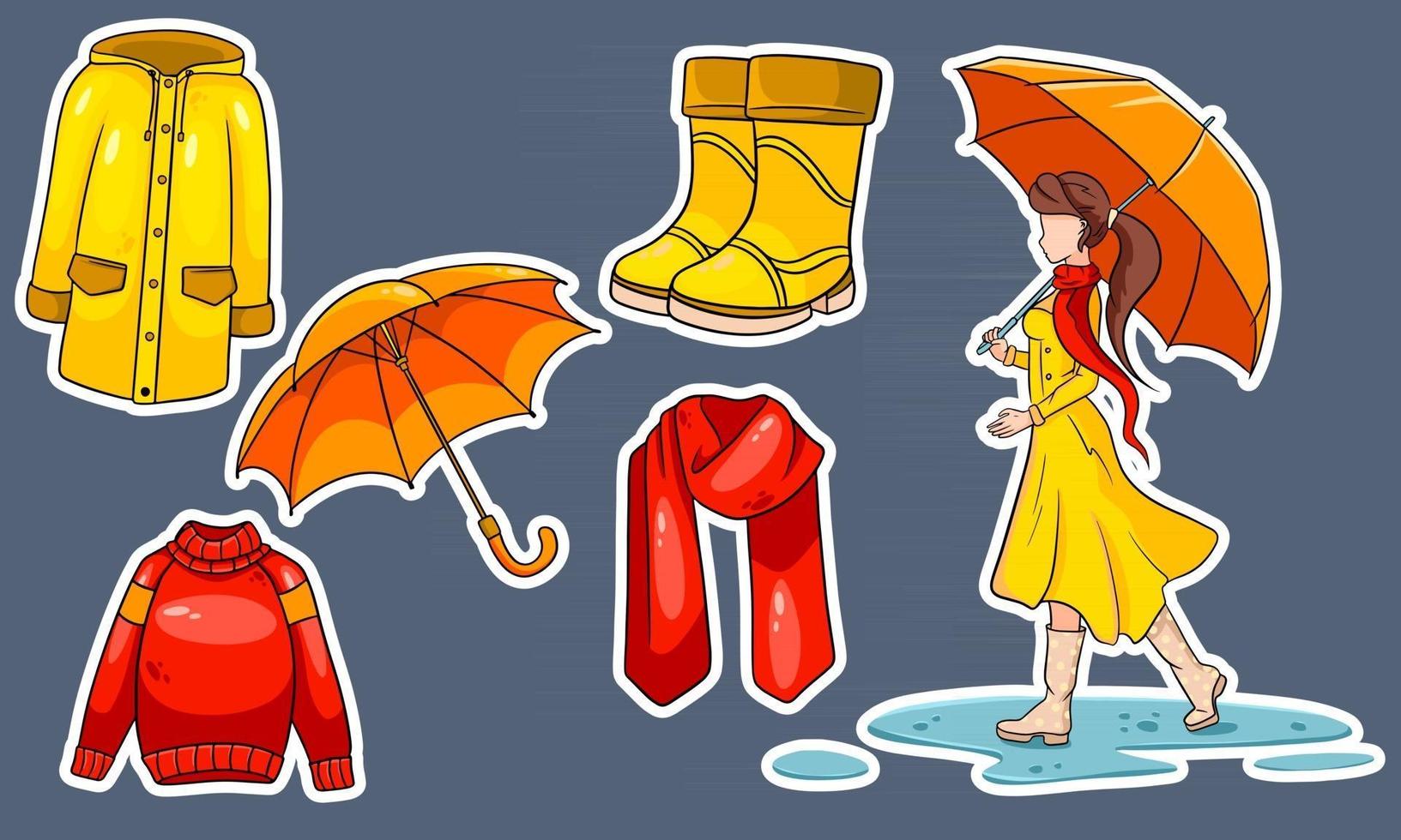 conjunto de otoño. pegatinas. chica con paraguas, bufanda, impermeable, suéter, botas de goma, paraguas. vector