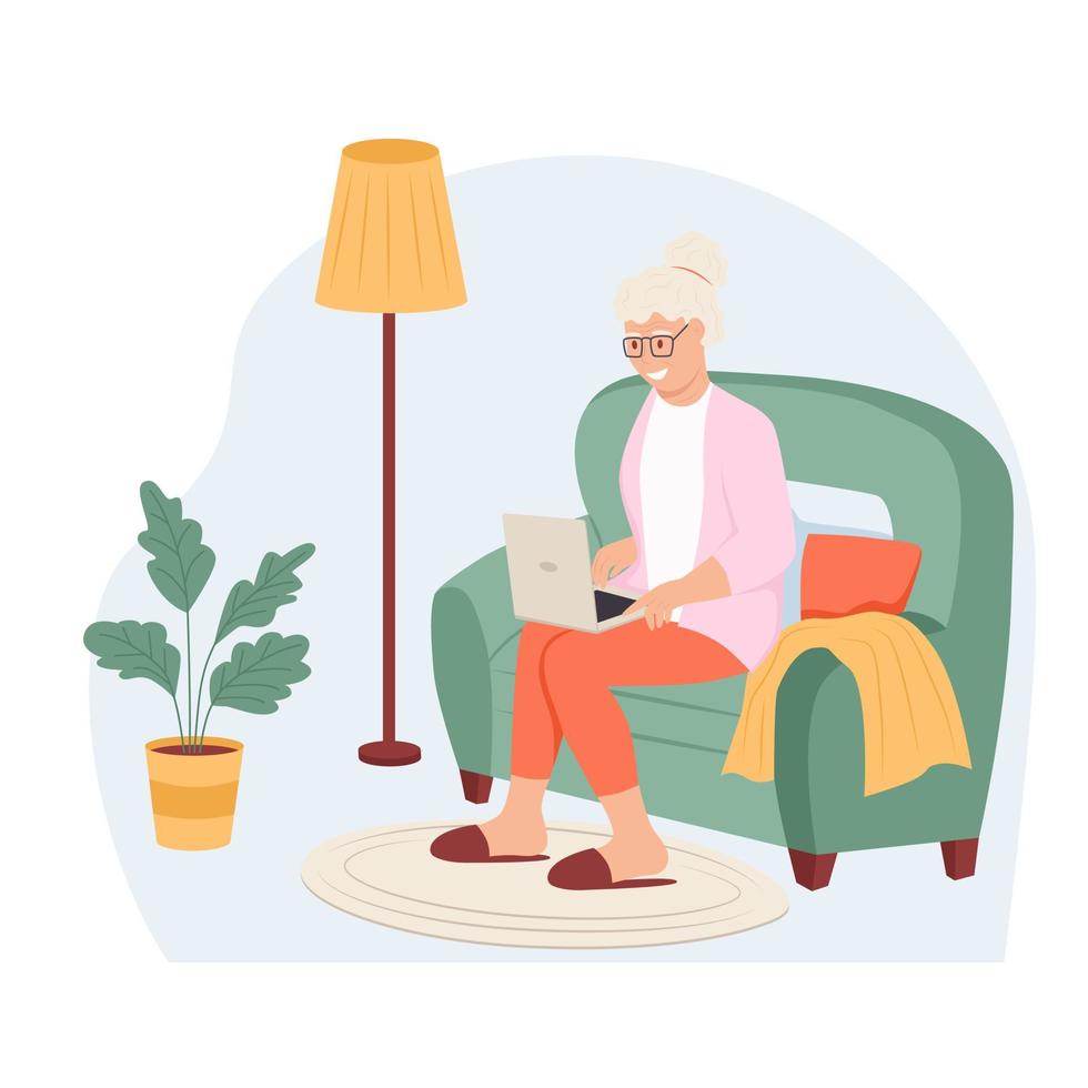 Happy grandma with laptop. An elderly woman in a home interior. Flat vector illustration