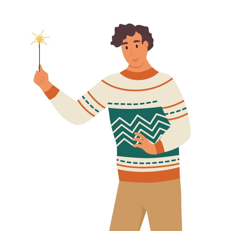 hombre de suéter feo con bengalas. un niño celebra el año nuevo, navidad. ilustración vectorial de dibujos animados plana vector