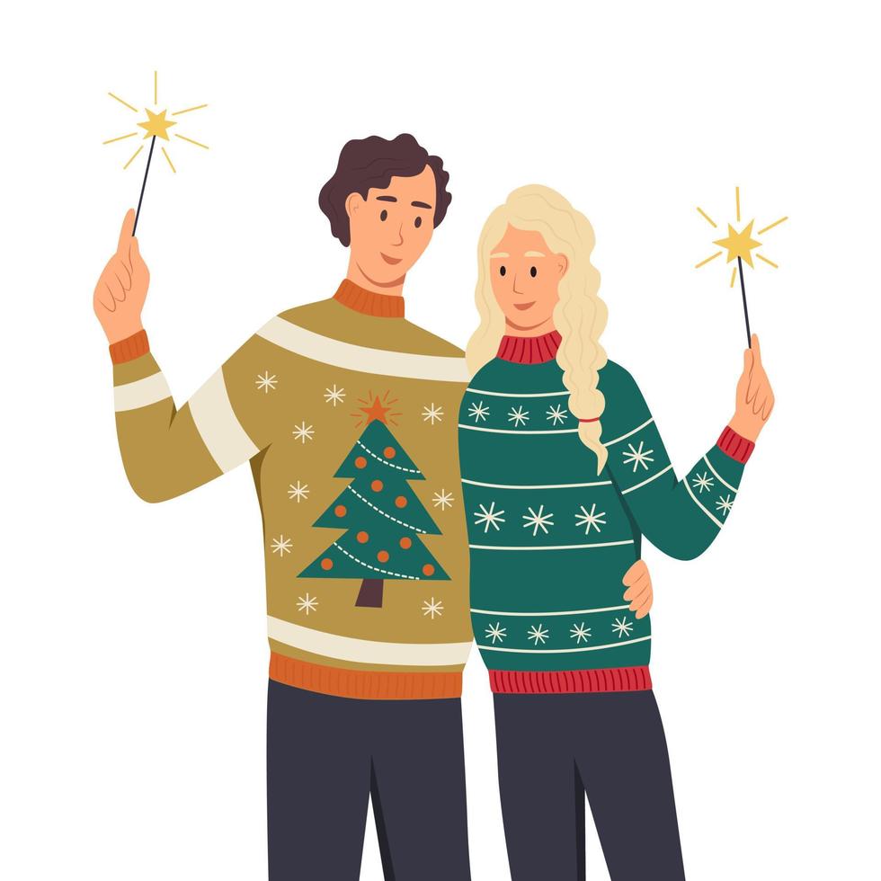 una pareja de feos suéteres con bengalas. un joven y una mujer celebran el año nuevo, la navidad. ilustración vectorial de dibujos animados plana vector