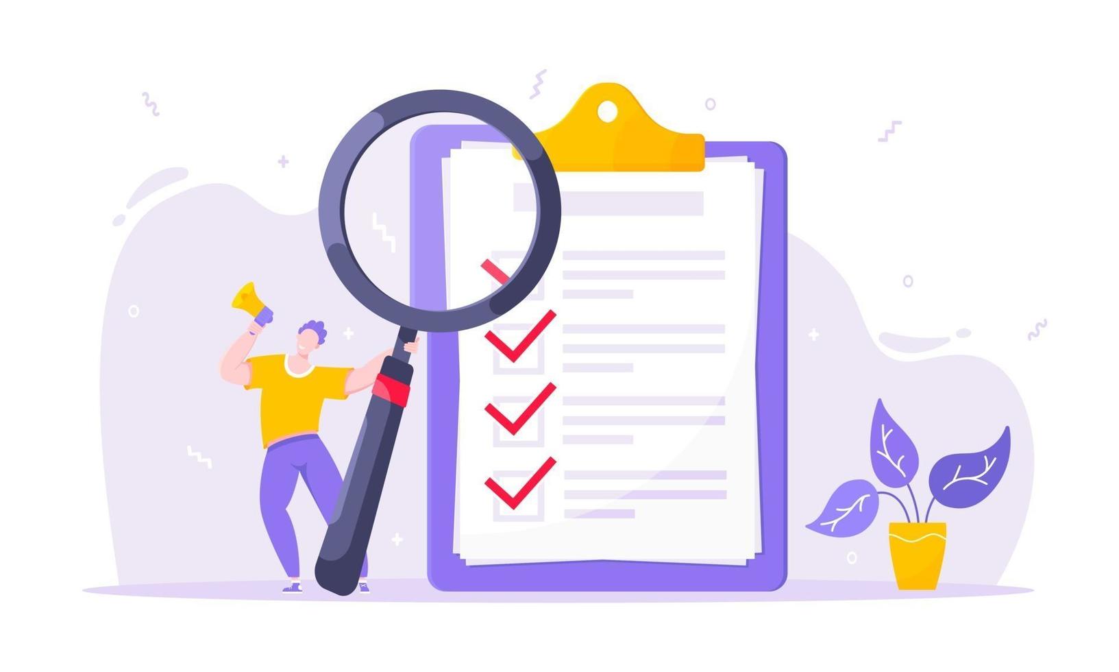 Task done business concept tiny person with megaphone, magnifying glass nearby giant clipboard complete checklist. vector