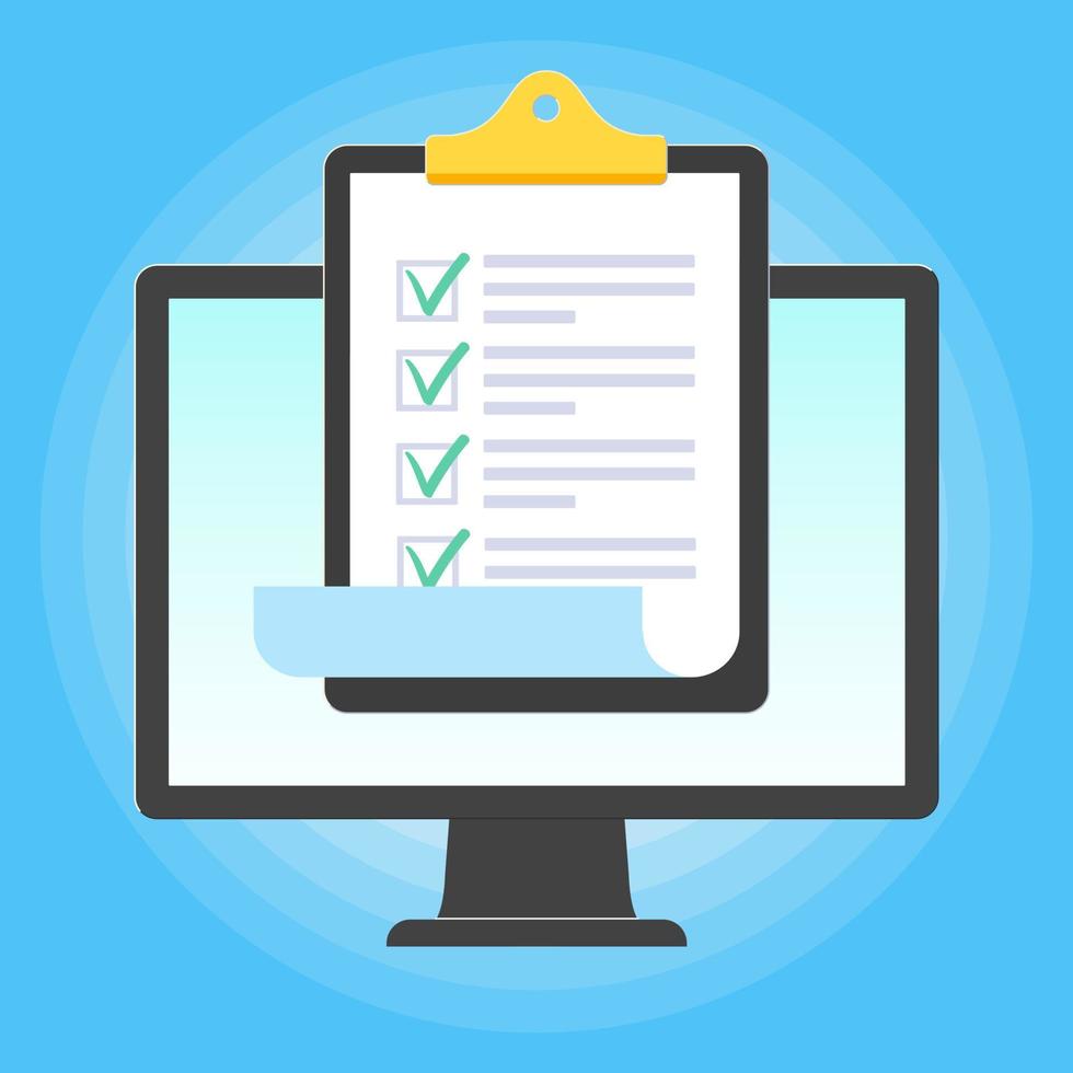 Monitor or All in one pc flat design with clipboard and check marks tick  popped above the screen icon signs vector illustration. Technology concept of online survey isolated on blue background.