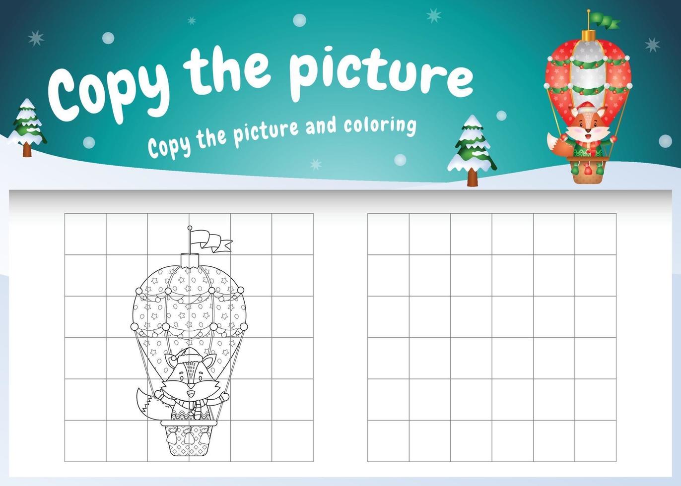 copy the picture kids game and coloring page with a cute fox on hot air balloon vector