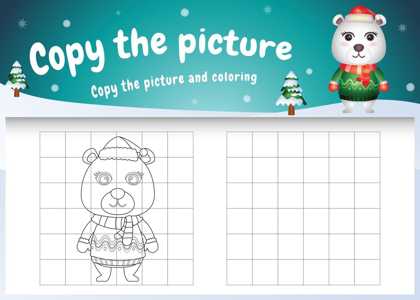 Copie la imagen del juego para niños y la página para colorear con un lindo oso polar usando un disfraz de Navidad vector