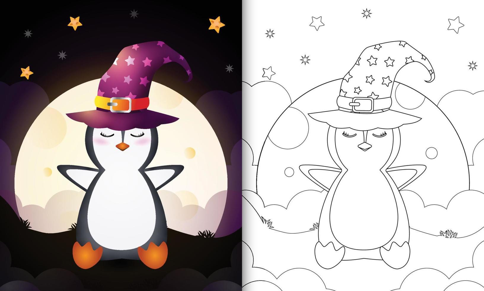 libro para colorear con una linda caricatura de halloween bruja pingüino frente a la luna vector