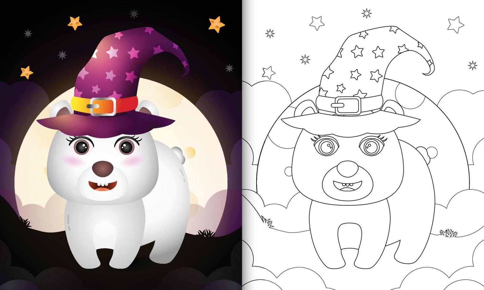 libro para colorear con una caricatura linda bruja de halloween oso polar frente a la luna vector
