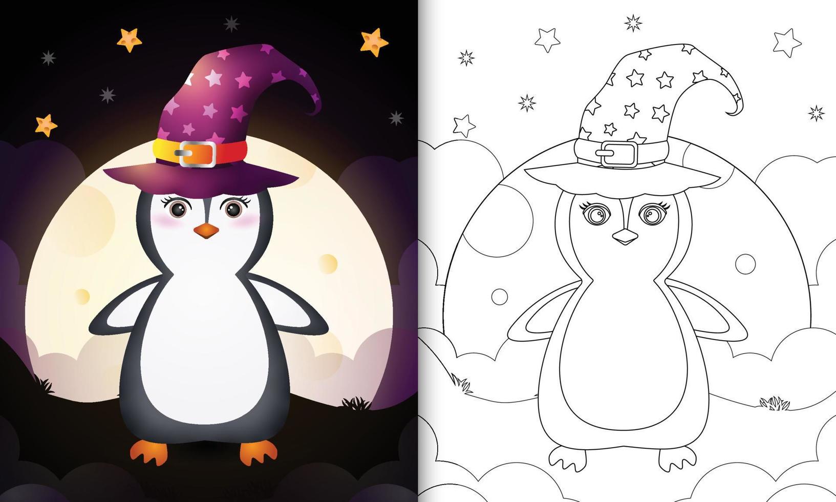 libro para colorear con una linda caricatura de halloween bruja pingüino frente a la luna vector