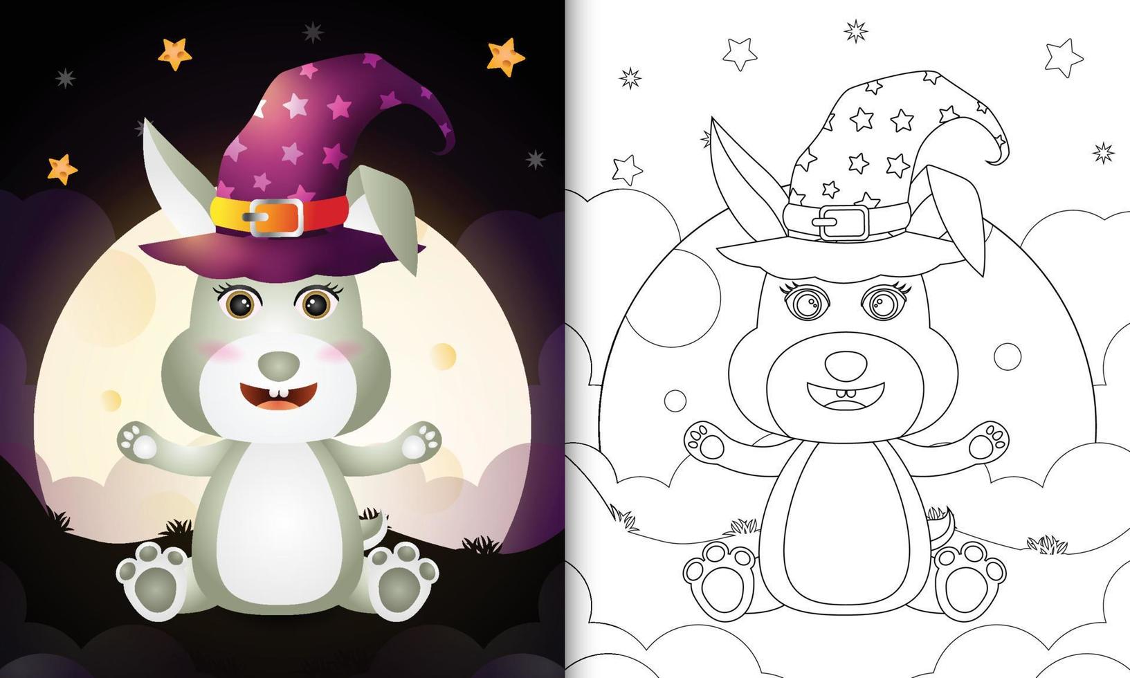 libro para colorear con una linda caricatura de halloween bruja conejo frente a la luna vector