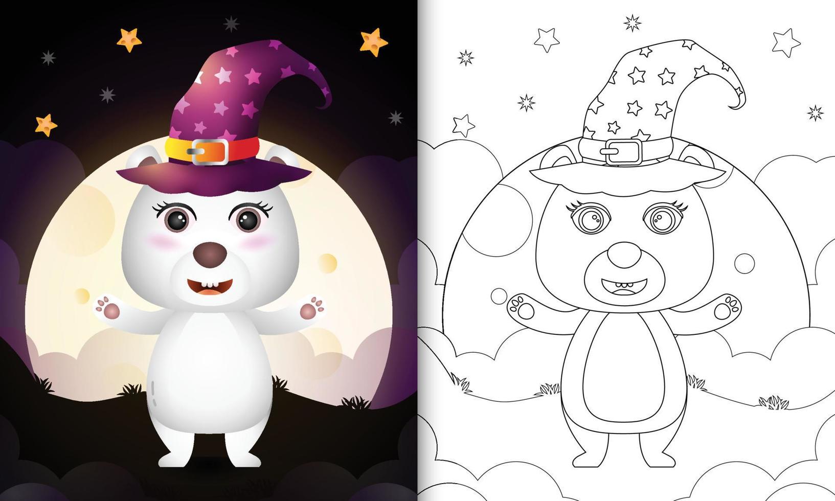 libro para colorear con una caricatura linda bruja de halloween oso polar frente a la luna vector