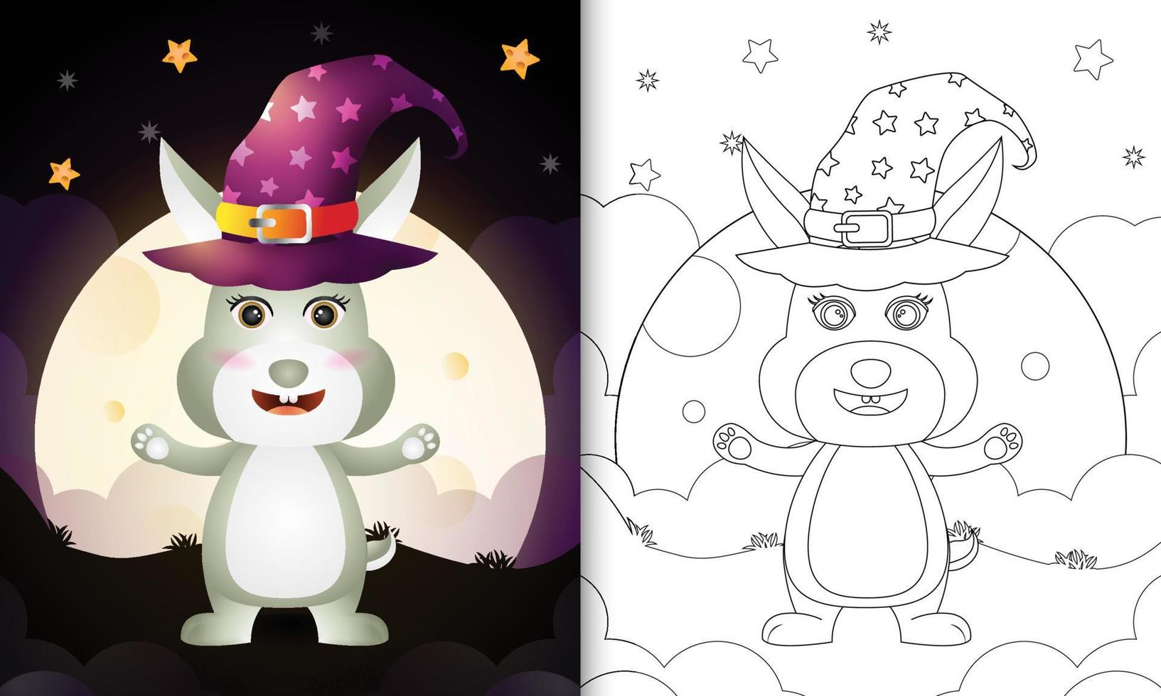 libro para colorear con una linda caricatura de halloween bruja conejo frente a la luna vector