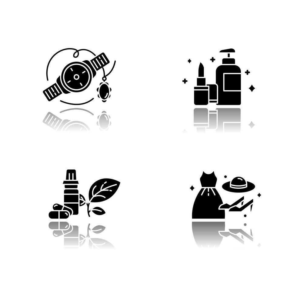 departamentos de comercio electrónico, sombra, conjunto de iconos de glifos negros vector