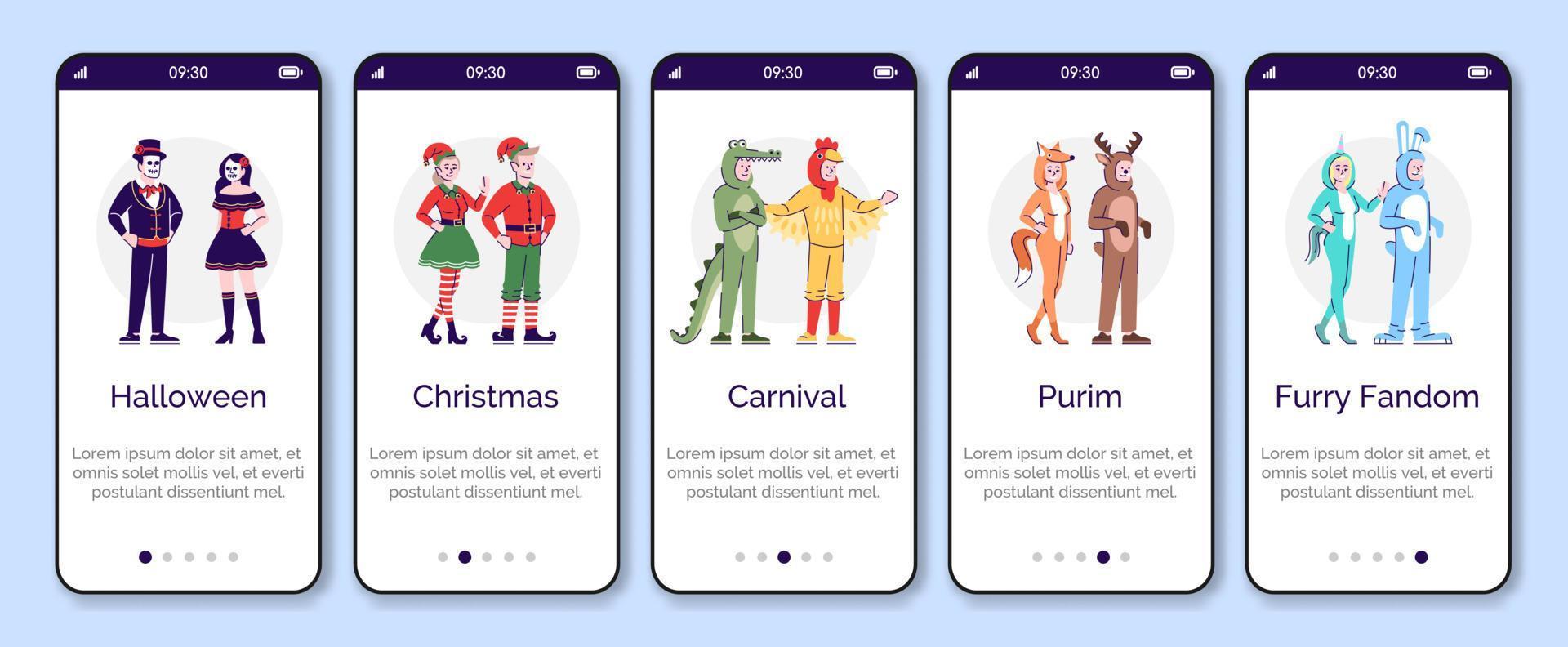 personas vestidas con disfraces de animales incorporando plantilla de vector de pantalla de aplicación móvil