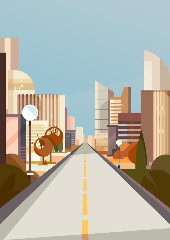 Carretera de la ciudad en temporada de otoño. paisaje urbano en orientación vertical. vector