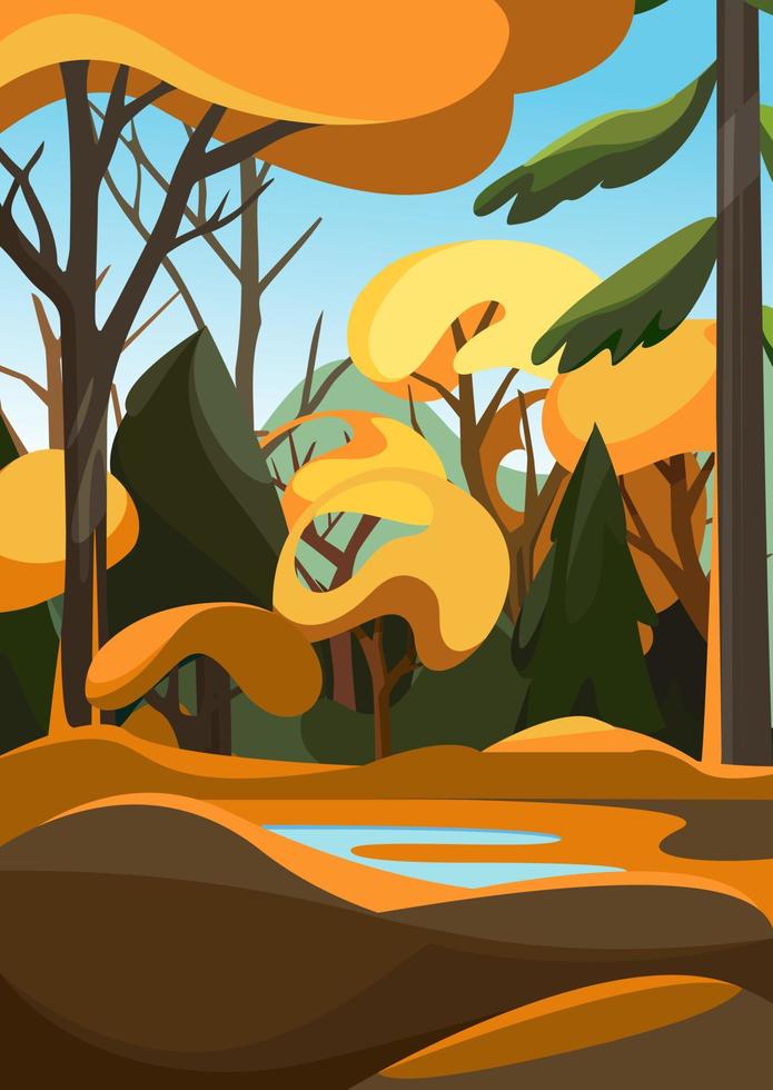 Dense forest in autumn season. Natural scenery in vertical orientation vector