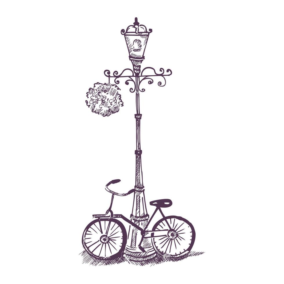 Vector hand drawn illustration of city bicycle in ink hand drawn style