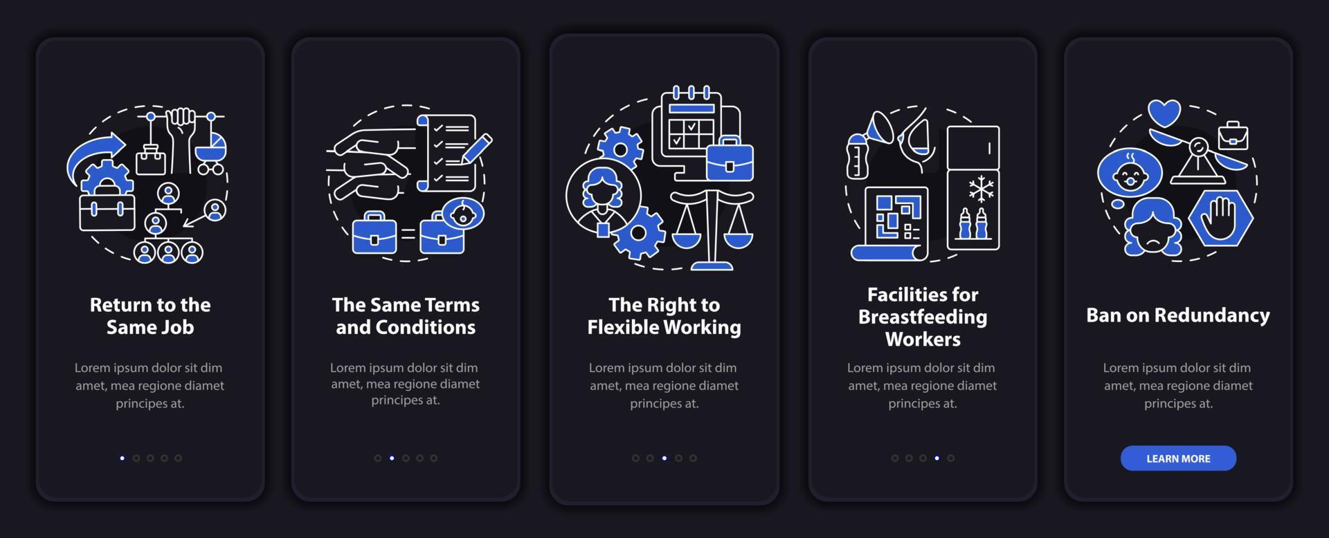 volver al trabajo derechos de los empleados dark onboarding mobileapp page screen vector