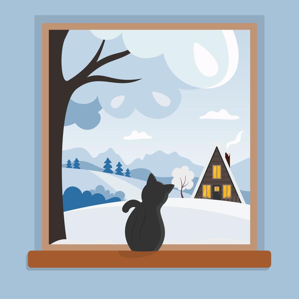 Window with Cat and Winter Countryside Landscape vector