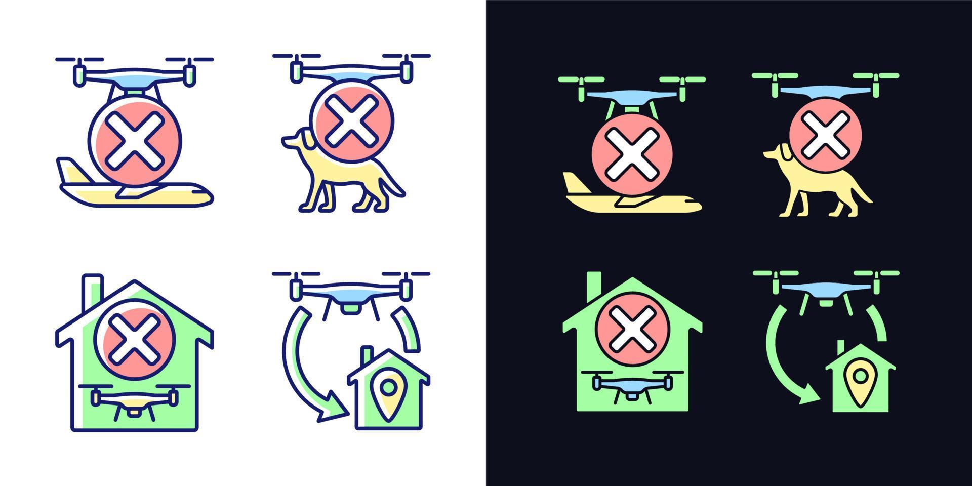 Drone instruction light and dark theme RGB color manual label icons set vector