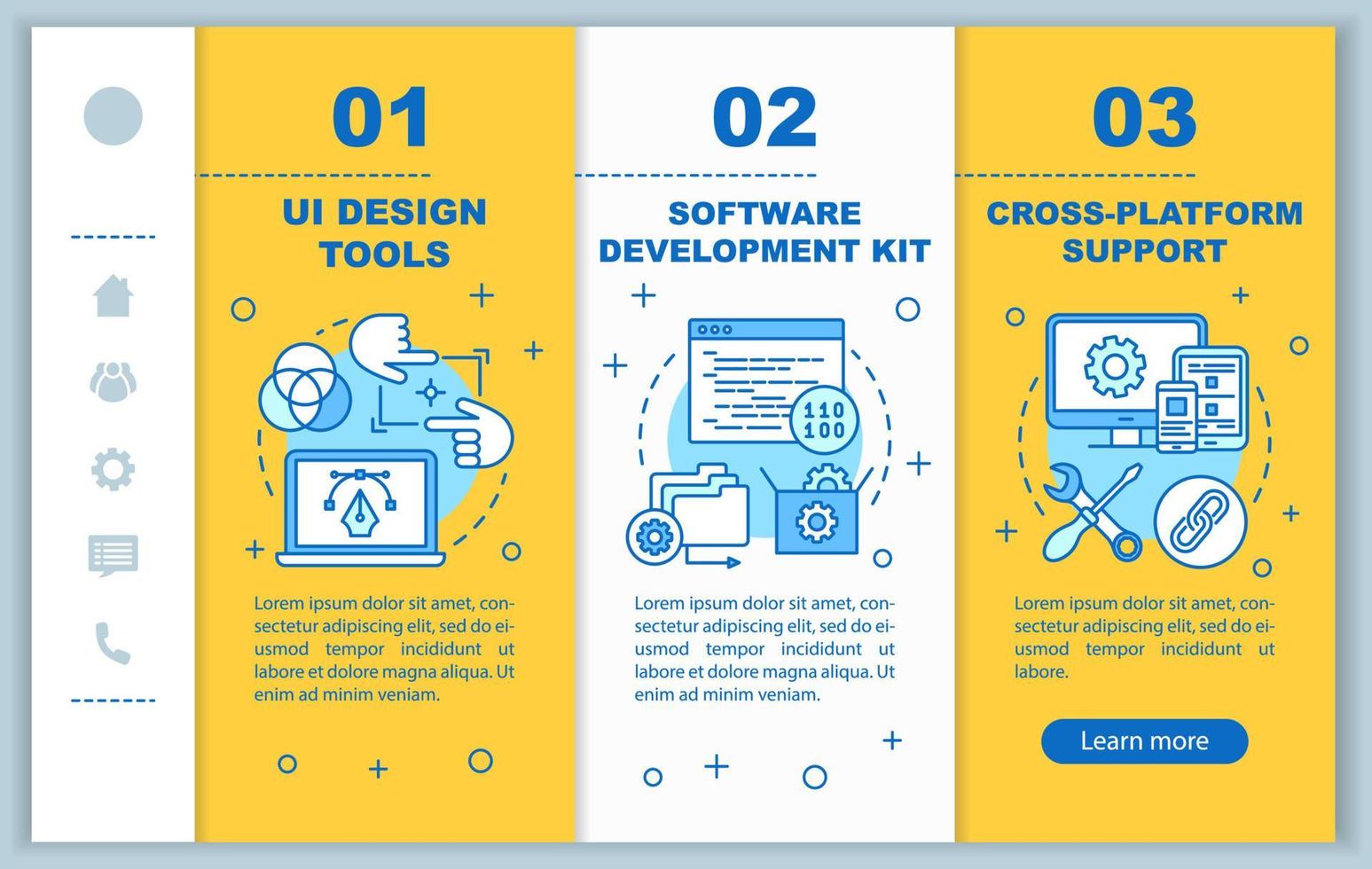 Software development onboarding mobile web pages vector template