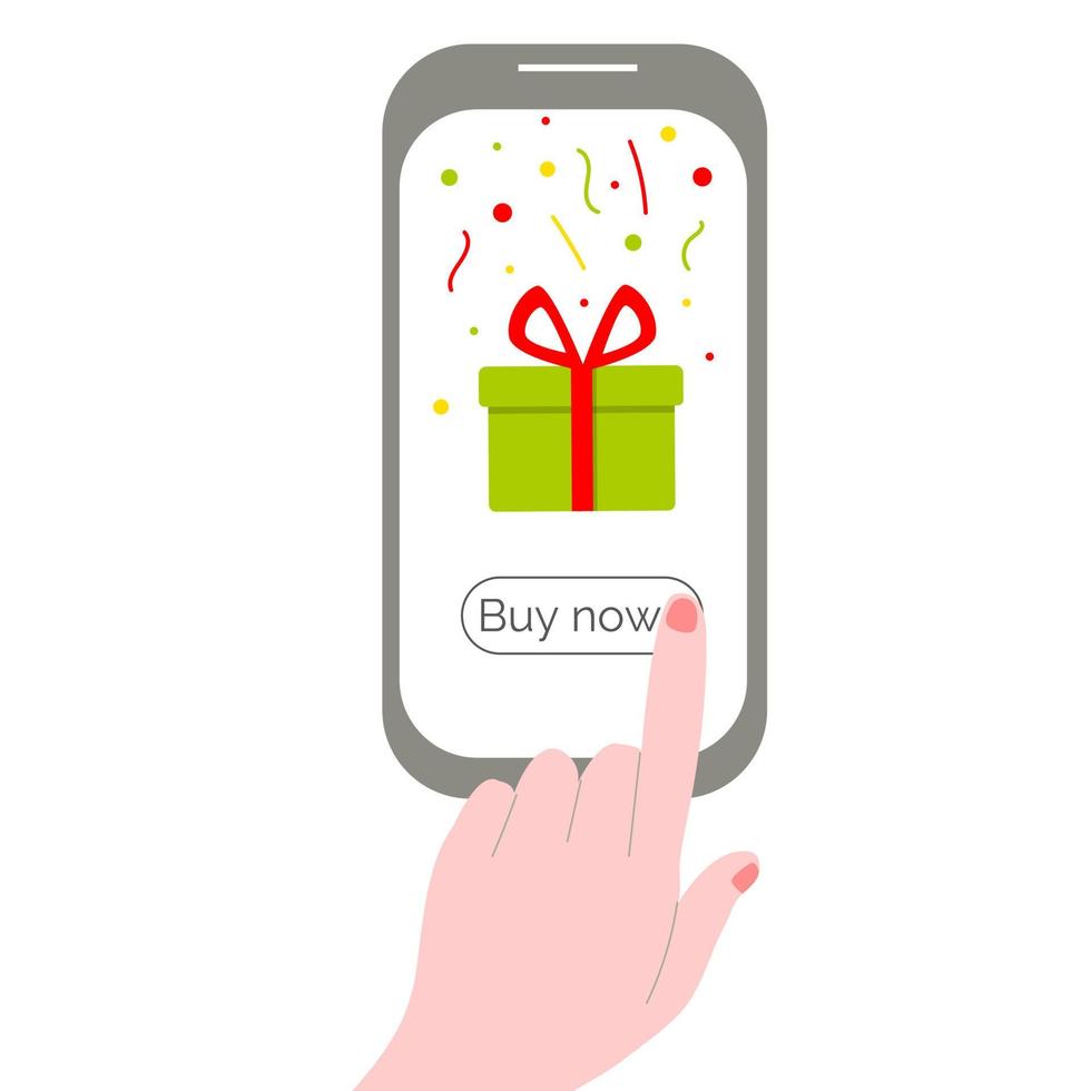 Woman presses a button on her smartphone, orders a gift in a mobile application. Flat vector illustration isolated on white background.