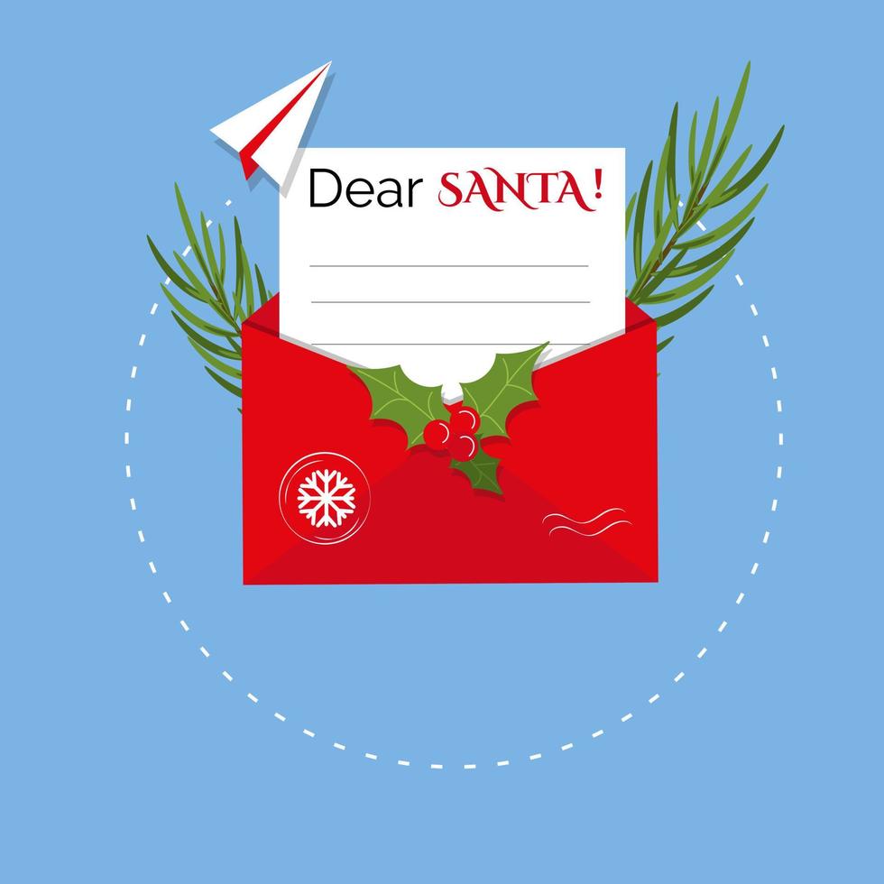 The Christmas concept of a letter to Santa. Paper airplane and postal envelope . Vector illustration