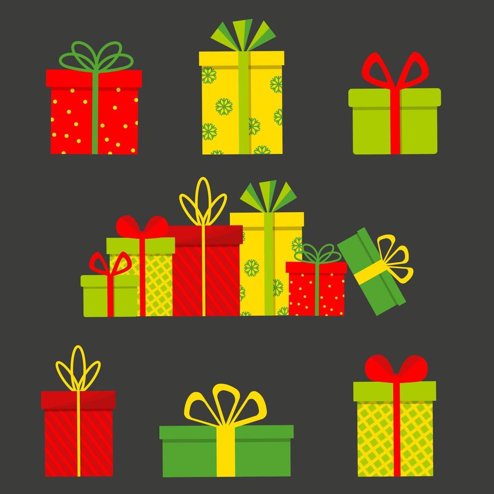 conjunto de cajas de regalo multicolores aislado sobre fondo oscuro. ilustración vectorial plana vector