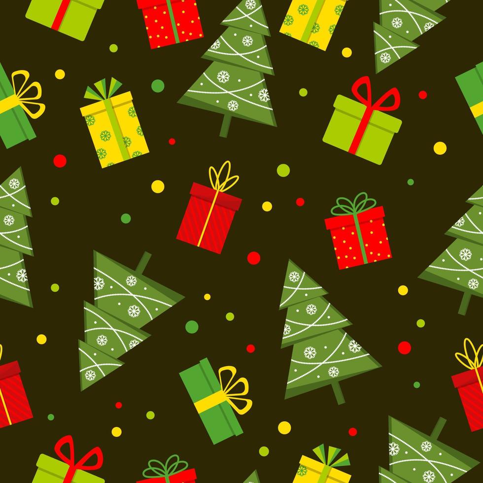 Seamless pattern with Christmas tree and gifts on dark background. New Year decoration. Vector illustration.