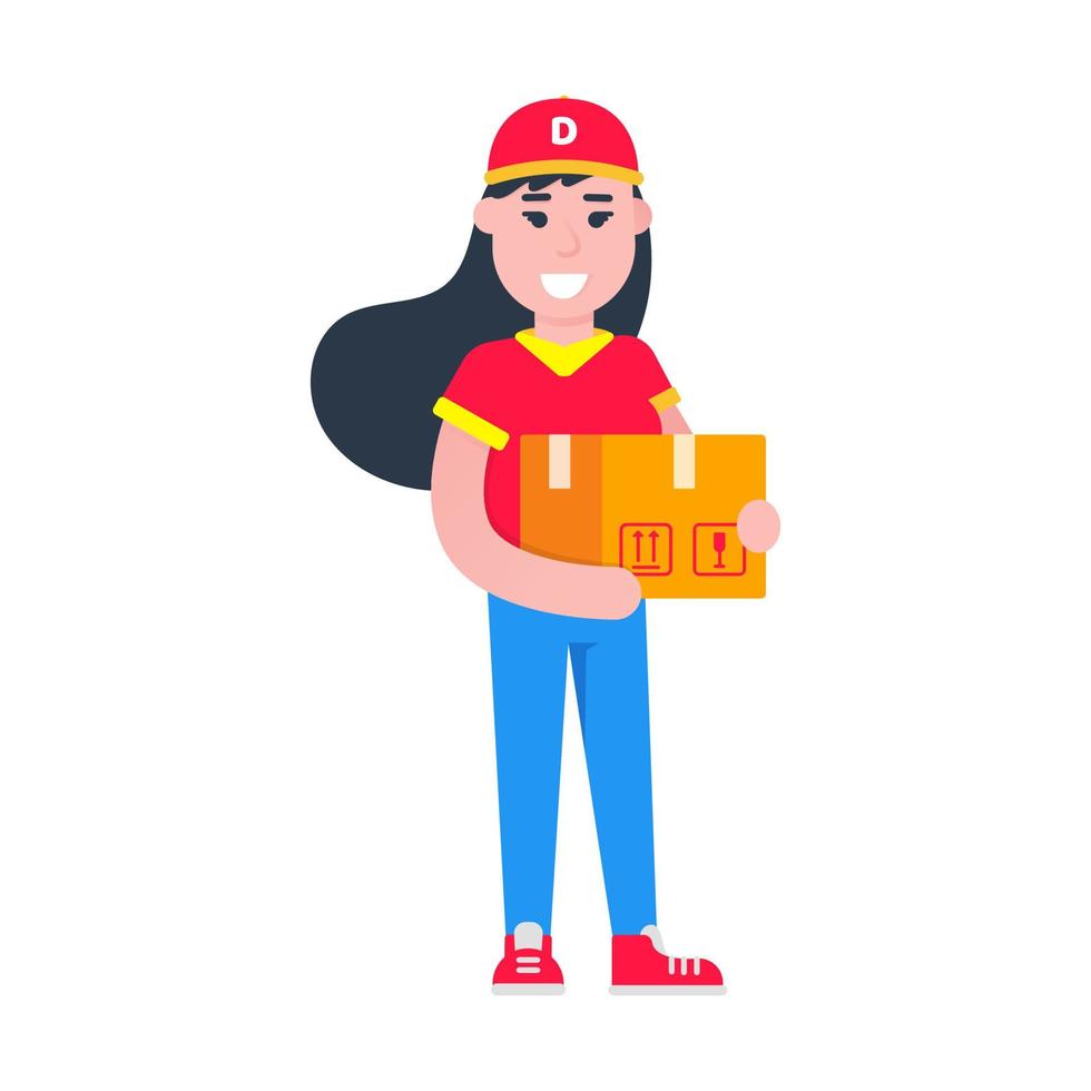 Fast delivery girl character flat style design vector illustration. Delivery woman with the box in her hands. Symbol of delivery company. Fast and free.