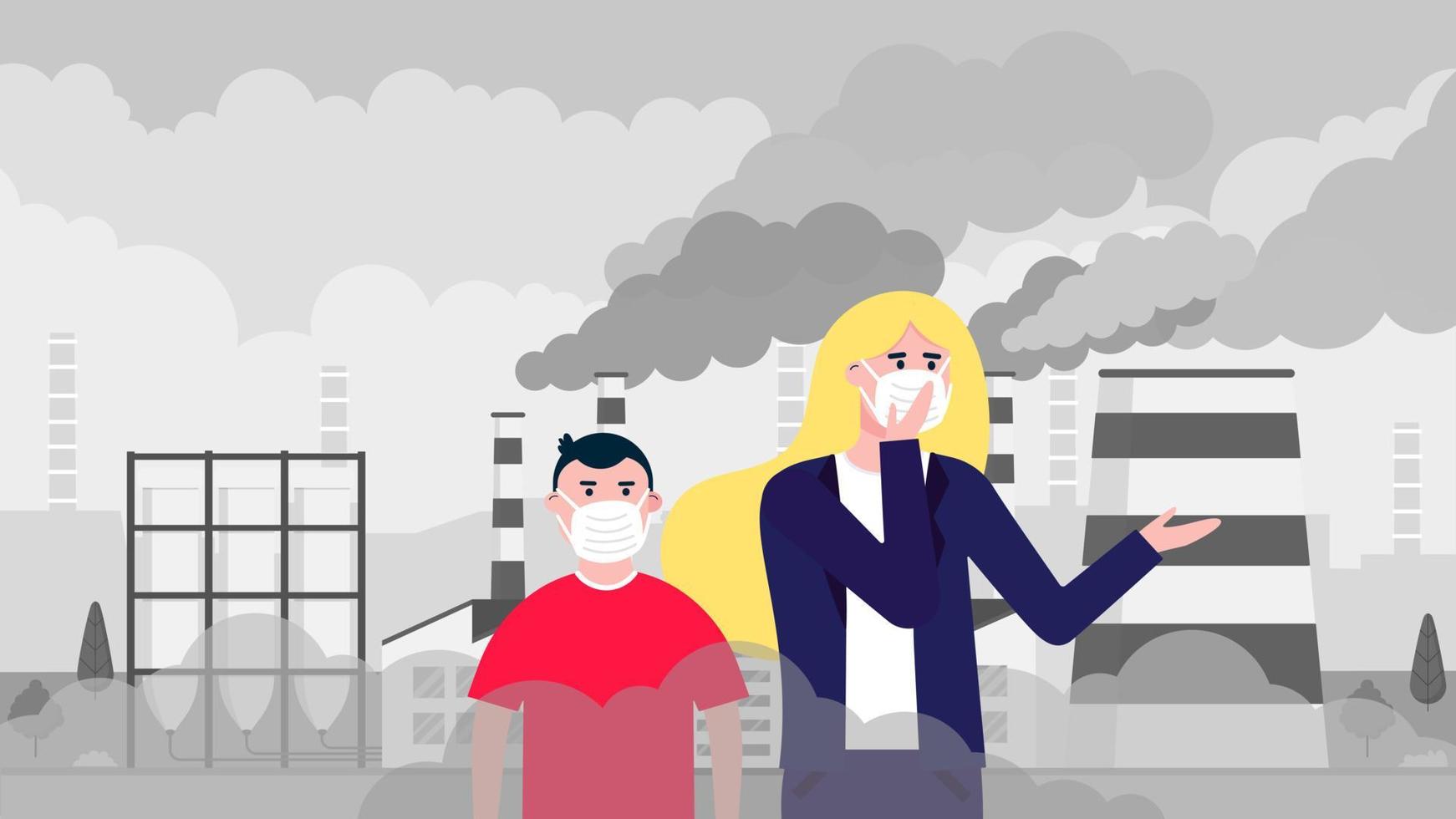 Confused woman and kid in masks against smog. Fine dust, air pollution, industrial smog protection concept flat style design vector illustration. Industrial factory pipes with huge clouds of smoke.