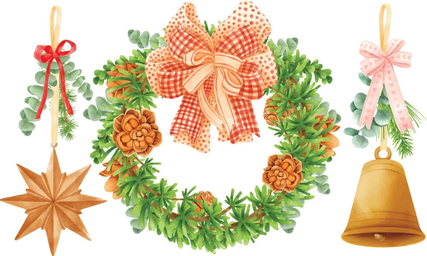 Christmas wreath decoration elements illustrations watercolor styles vector