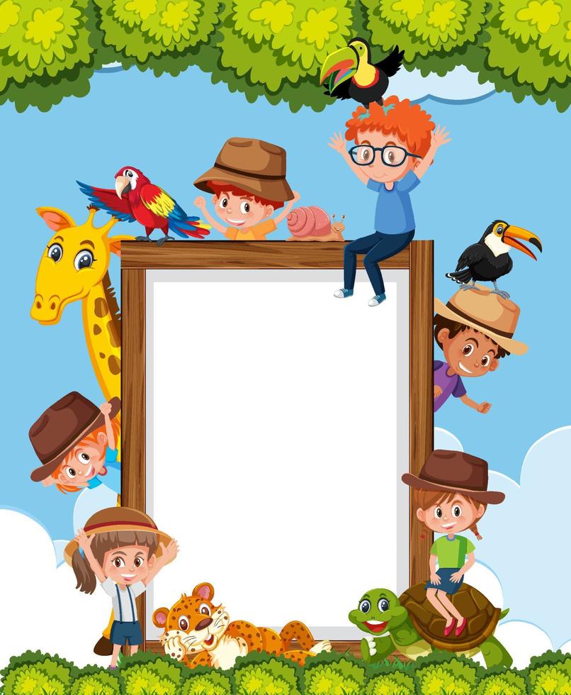 Empty wooden frame with kids and zoo animals vector