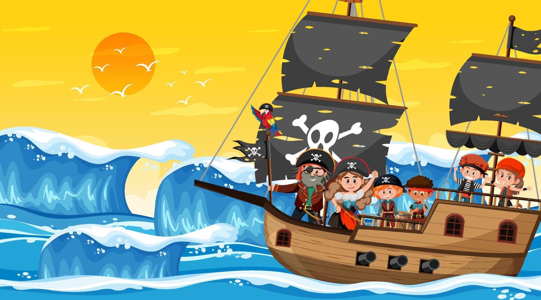 Escena del océano al atardecer con niños piratas en el barco. vector