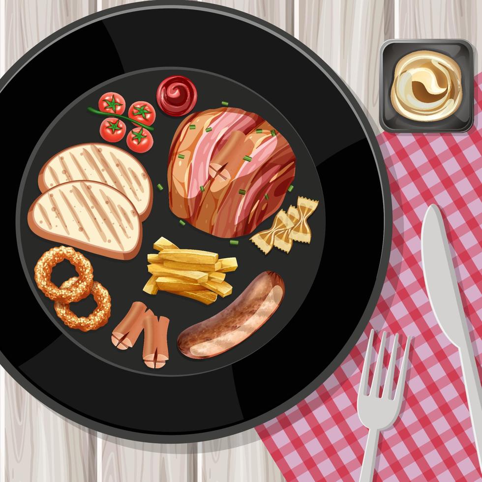 Breakfast set in a dish in cartoon style on the table vector