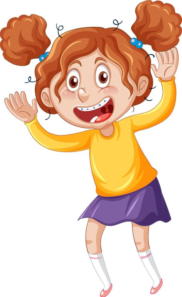 niña con dientes brackets personaje de dibujos animados sobre fondo blanco vector