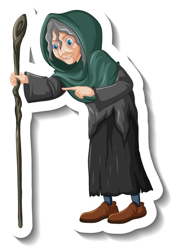 Old witch holding staff cartoon character sticker vector