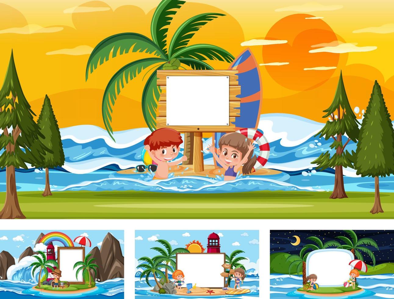 conjunto de pancartas en blanco en diferentes escenas de playas tropicales vector