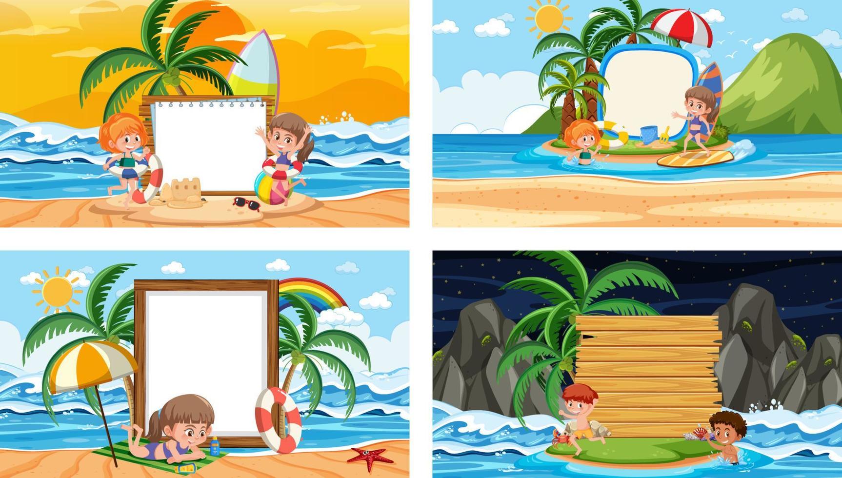 conjunto de diferentes escenas de playa tropical con banner en blanco vector