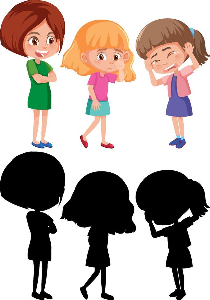 A young woman bullying two little girls cartoon character with silhouette vector