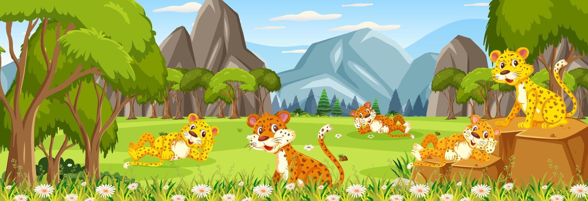 Outdoor panorama scene with many leoprads in the forest vector