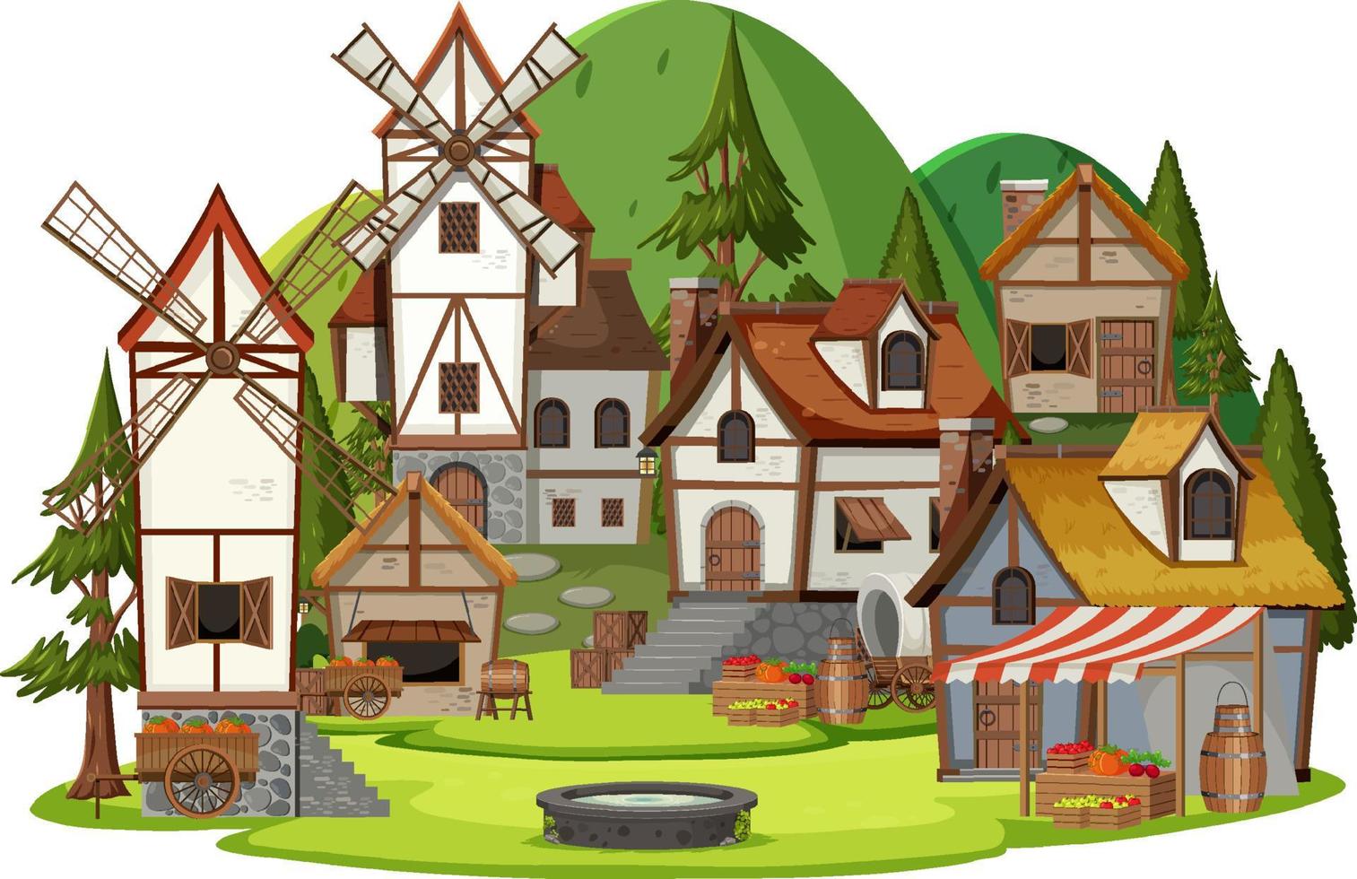 Medieval village with villagers on white background vector