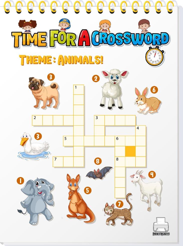 Crossword puzzle game template about animals vector