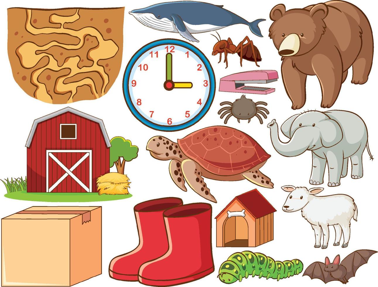 Set of various animals and objects vector