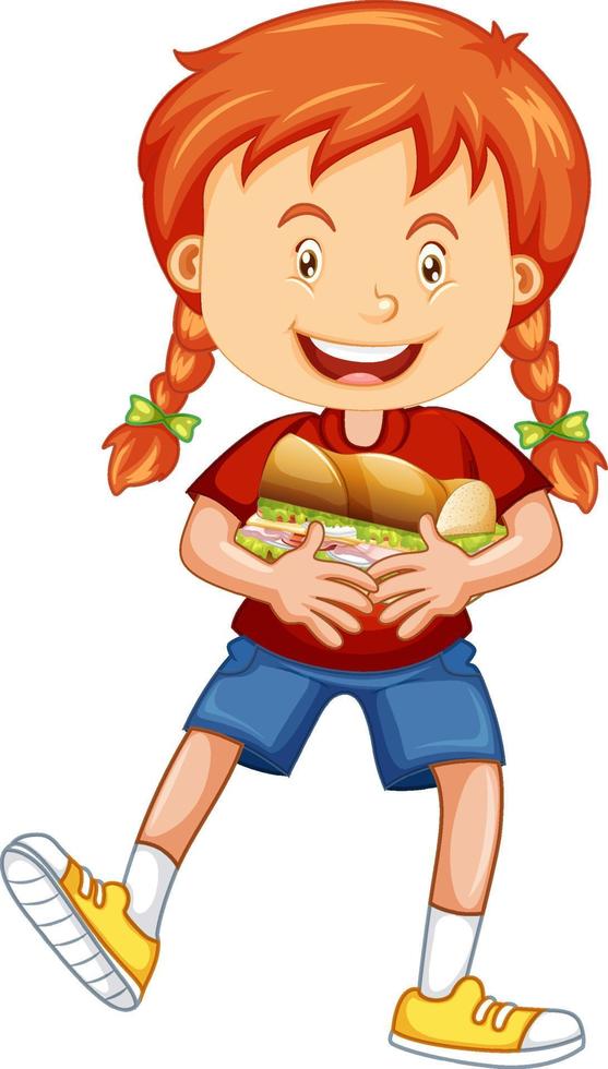 Happy girl cartoon character hugging food sandwich vector