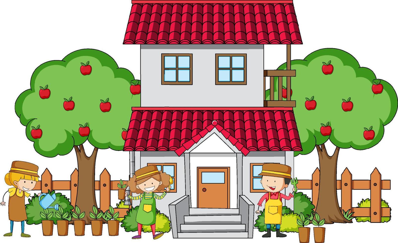 Front view of a house with many kids on white background vector