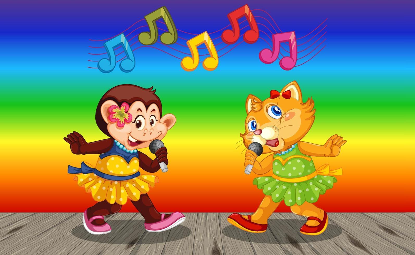 Monkey with cat cartoon character on rainbow gradient background vector