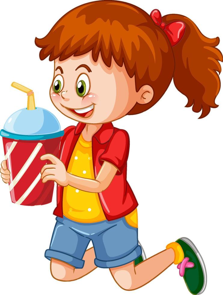Happy girl cartoon character holding a drink plastic cup vector